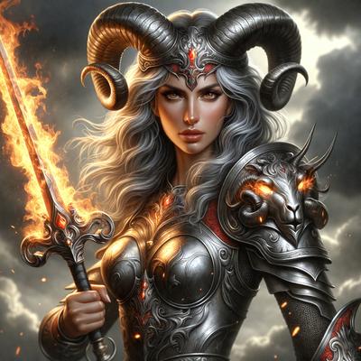 The primary subject of the image is a woman dressed in a medieval-style armor, holding a sword. She has long, flowing hair and is wearing a helmet. The setting is a dark, cloudy sky, which adds to the dramatic atmosphere of the scene. The visual style is a digital art or illustration, creating a fantasy-inspired image. The colors are predominantly dark, with the woman's armor and the sword being the main focus, while the cloudy sky adds a sense of mystery and intensity to the scene.